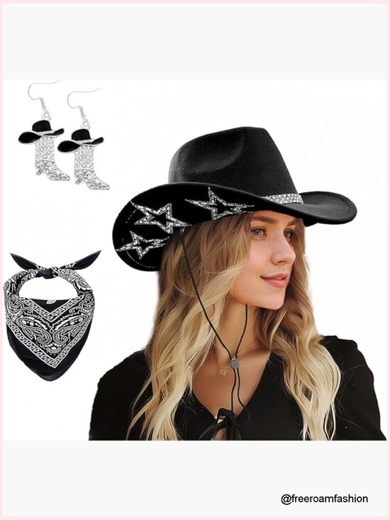 Cowgirl Hat Set with Bandana Heart Sunglasses and Earrings Rhinestone Star main image 4